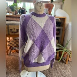 ICHI rare! Purple and White Argyle Crewneck Sweater shoulder pop lilac pastel